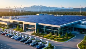 Modern casino building with rooftop solar arrays, electric vehicle charging stations in front, and distant wind turbines set against evergreen forest and snow-capped mountains at golden hour.