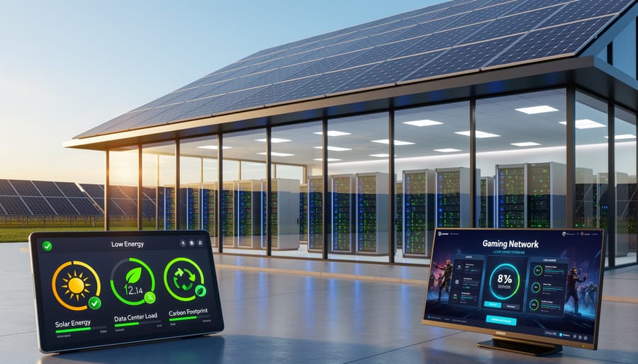 Data center server racks with solar panels visible through windows in background