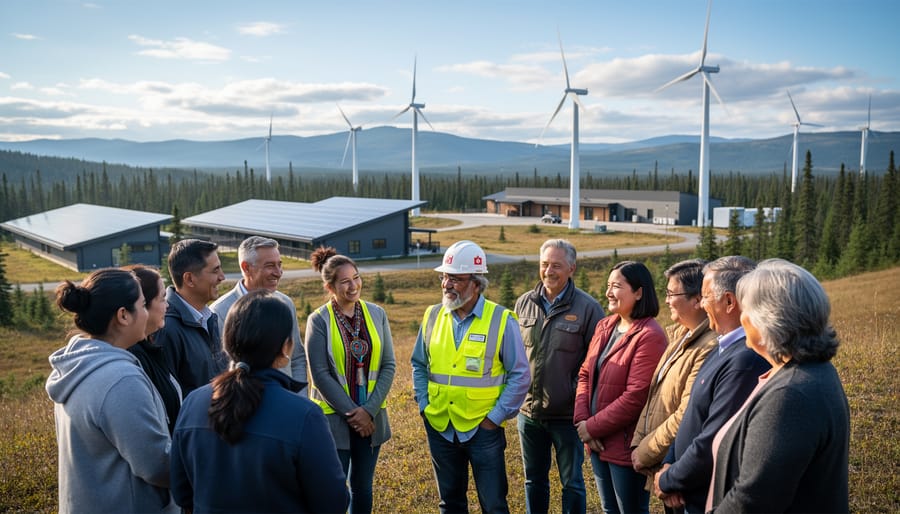 Handshake symbolizing authentic partnership with renewable energy infrastructure in background