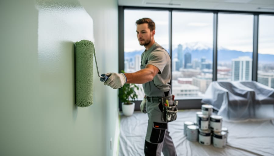 Commercial painter rolling light sage low-VOC paint on a modern office wall with floor-to-ceiling windows overlooking the Calgary skyline; green accents, closed paint cans, drop cloths, and covered containers indicate sustainable methods.