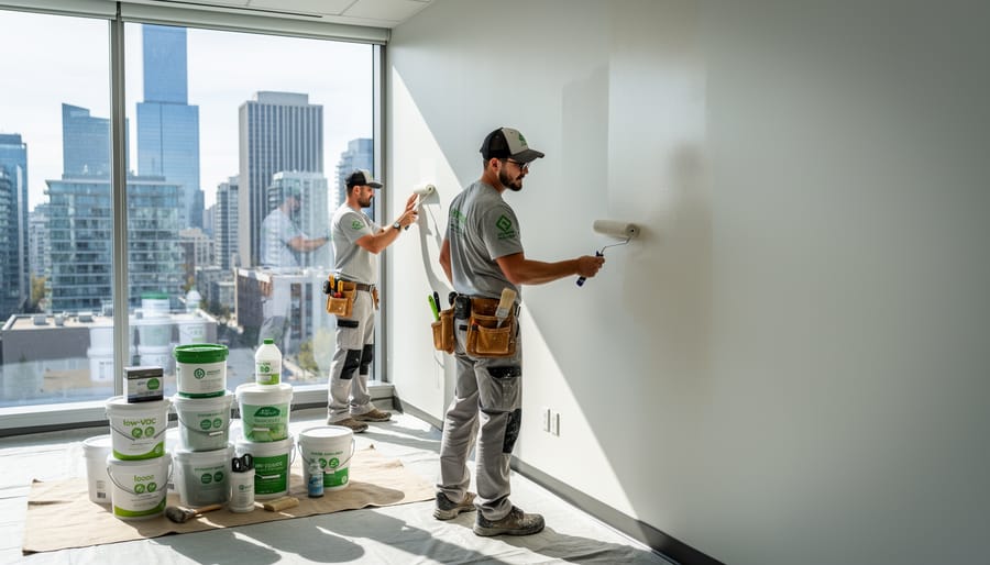 Commercial painter applying eco-friendly paint to office wall in modern Calgary workspace