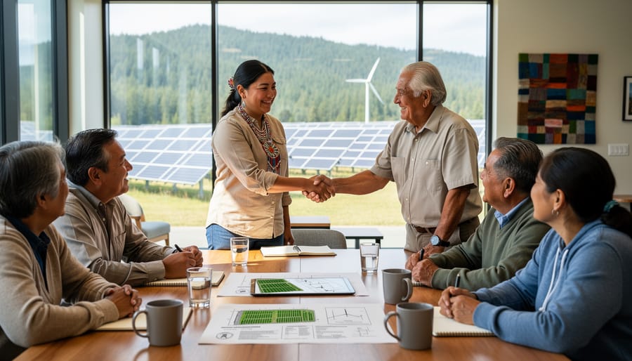 Indigenous community members at solar energy installation in Canadian wilderness
