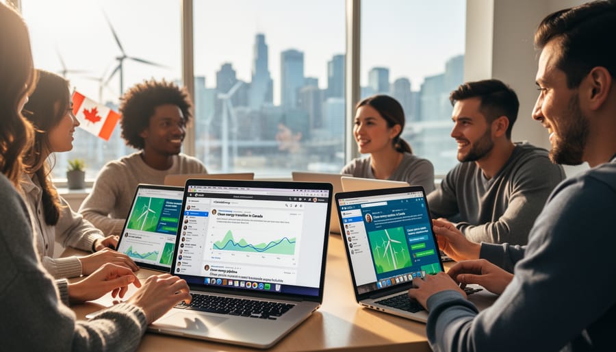 Group of people collaborating around laptop discussing content on Reddit