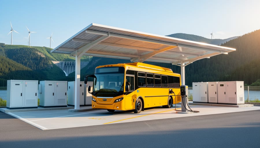 Electric school bus charging under a solar canopy at a modern depot with battery storage units, distant wind turbines, and forested mountains at golden hour.