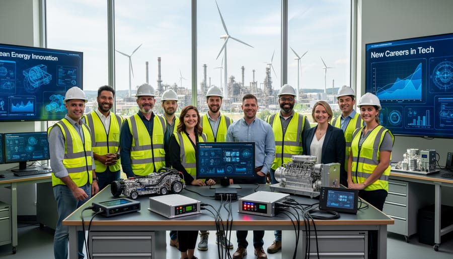 Diverse team of engineers collaborating at Canadian clean energy facility