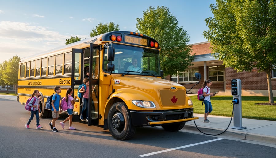 Yellow electric school bus on manufacturing floor of Canadian production facility
