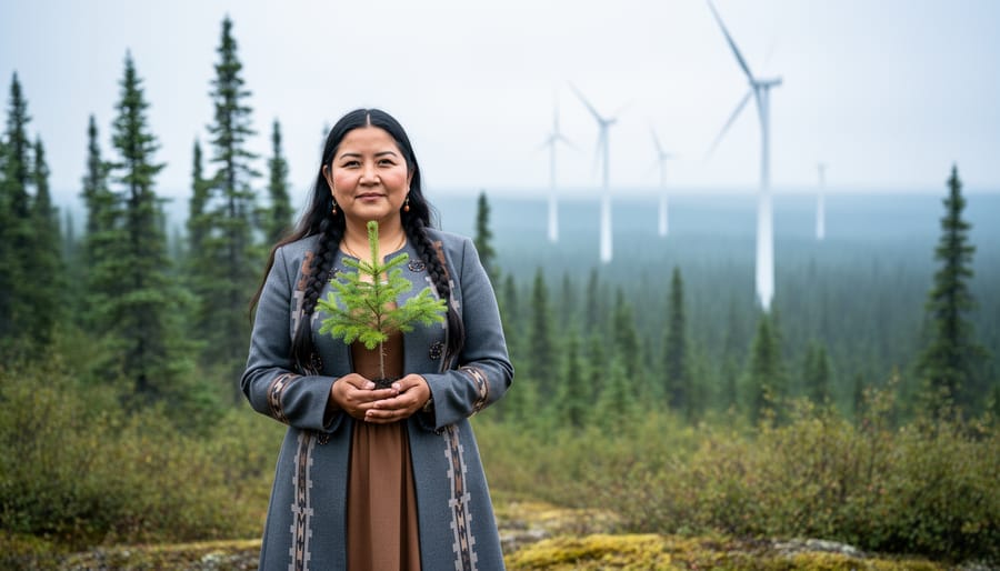 An Indigenous woman holds and plants a sapling at the boreal forest edge with wind turbines softly visible in the distant background.
