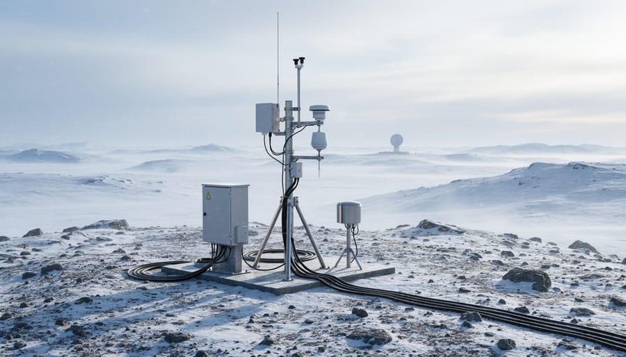 A climate monitoring weather station with instruments and cables in a snowy Arctic environment under a bright overcast sky.