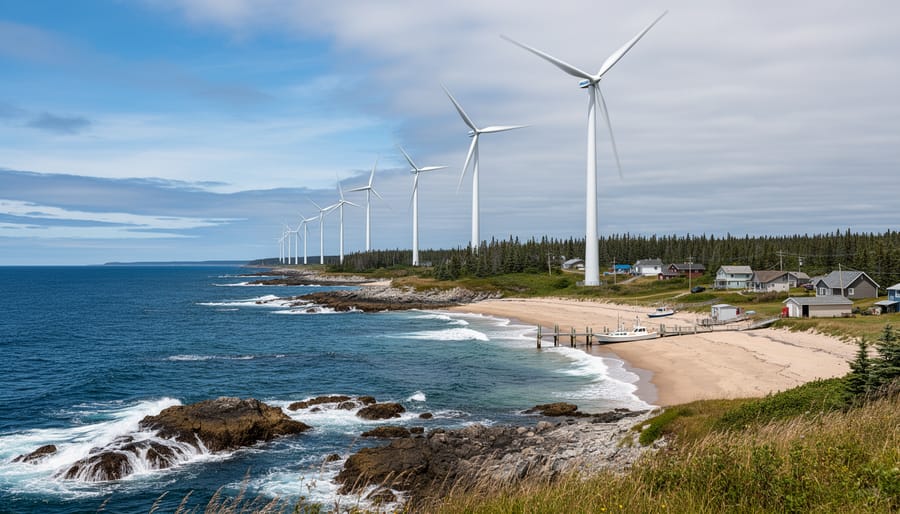 Wind turbines on a Canadian coastline under an overcast sky