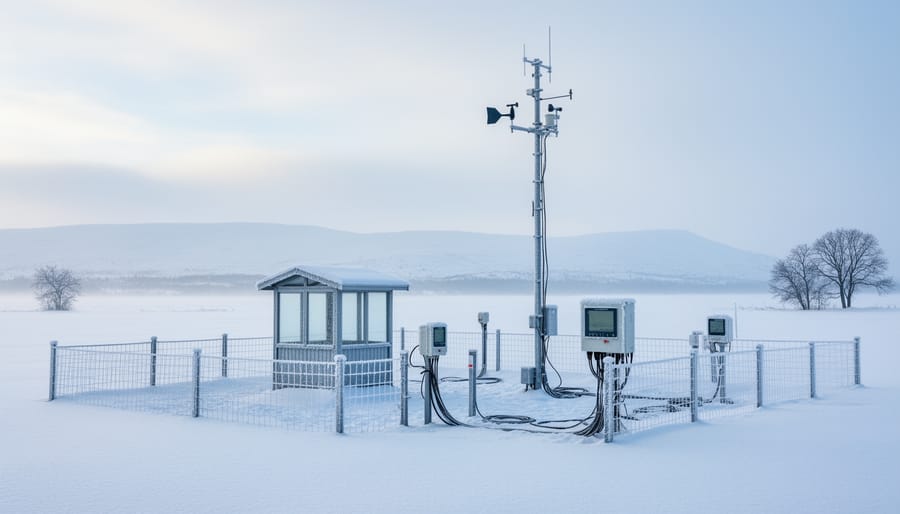 Weather station instruments on a snowy field in Canada
