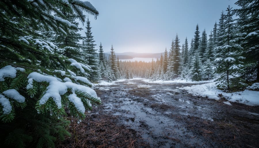 A Canadian forest landscape with snow-dusted evergreens in the foreground fading into thawed, darker ground under a hazy blue-gray sky, suggesting a warming planet.