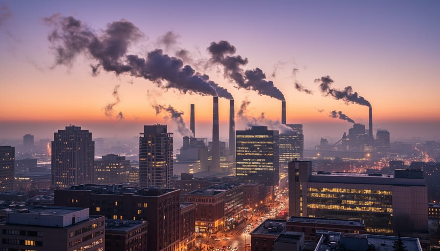Smokestacks releasing plumes above an industrial city skyline at dusk
