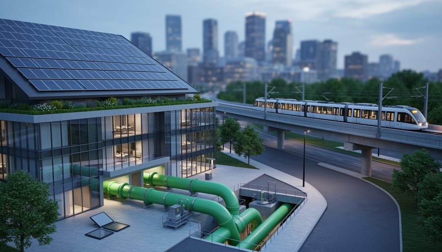 Modern Canadian city buildings and transit infrastructure with visible rooftop solar panels and district energy utility lines, shown in a clean dusk streetscape.