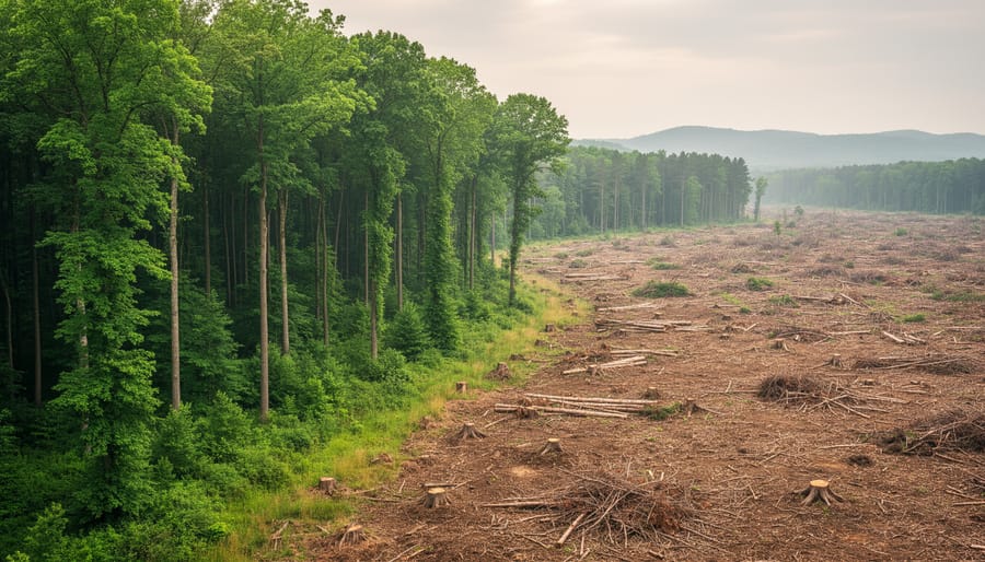 Forest edge showing cleared ground and remaining boreal trees