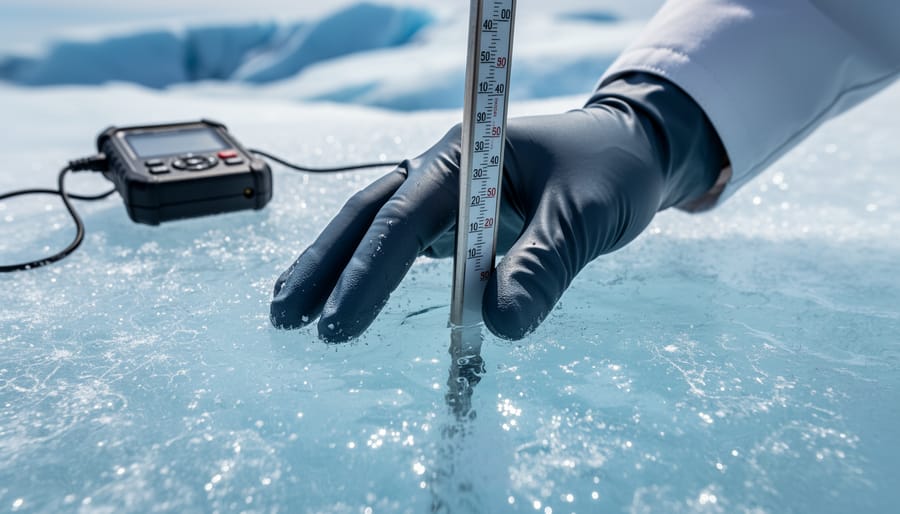 Technician measuring ice on floating ice floes in a cold Canadian landscape