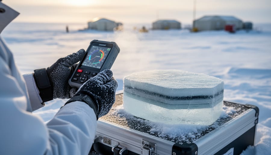 Gloved hands holding an ice sample outdoors with snow in the background