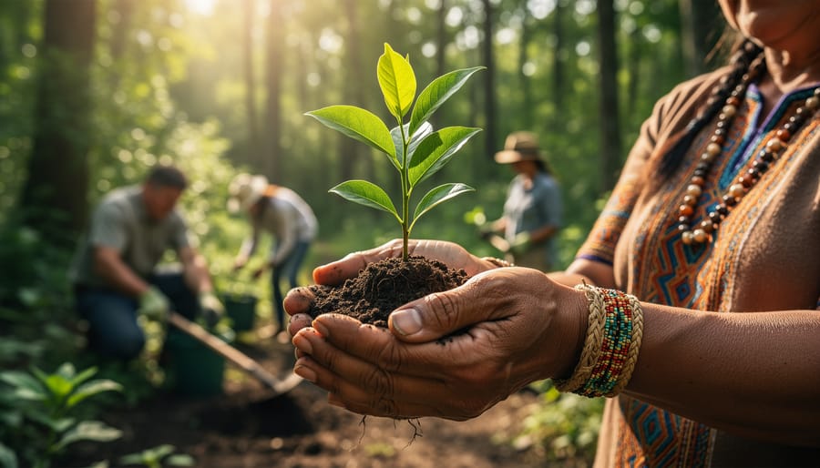 Indigenous community member holding a young sapling in a forest clearing