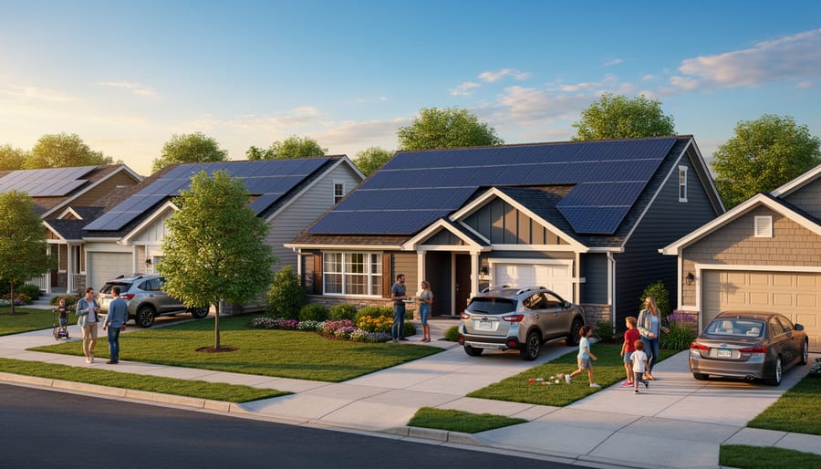 Solar panels on a Canadian rooftop with a garden in the foreground