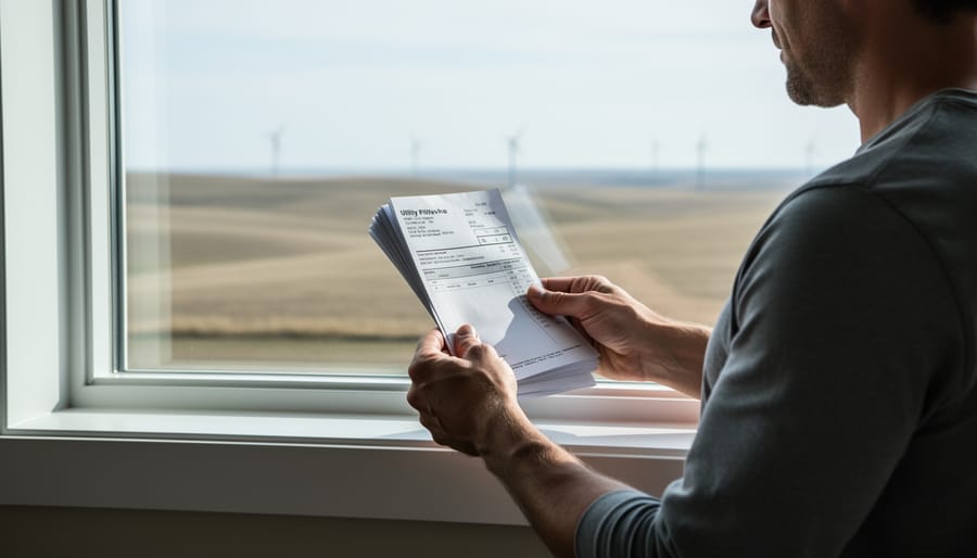 "A person holding utility bills near a window with a blurred view of Alberta prairie, power lines, and distant wind turbines."