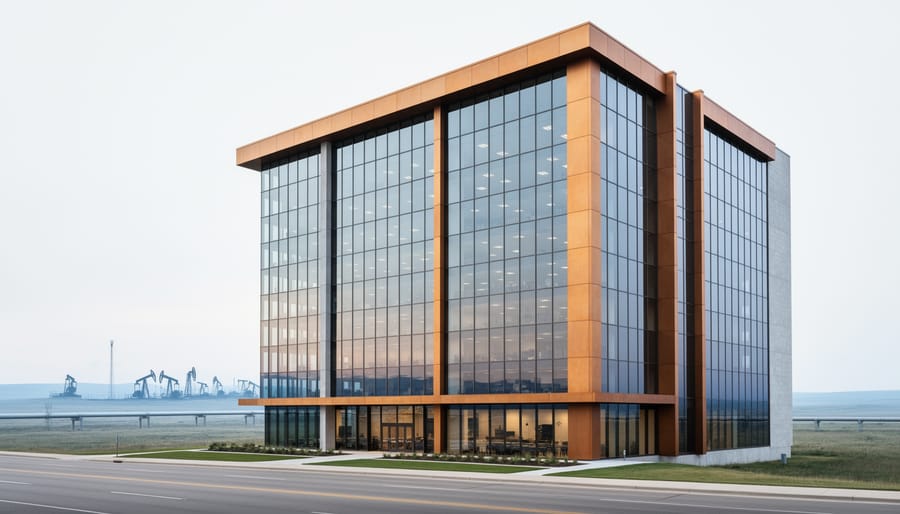 Modern Alberta Energy Regulator headquarters in Calgary with distant energy infrastructure and prairie horizon in view.