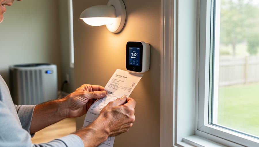 Close-up of hands holding Canadian bills beside home energy equipment and an insulated window