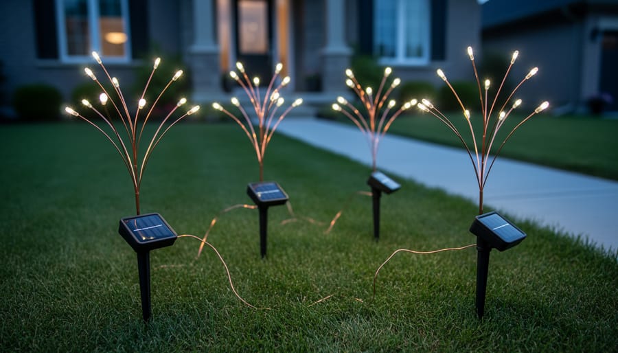Warm-white solar firefly lights with copper wire stakes and small solar panels glowing on a Canadian lawn at dusk.