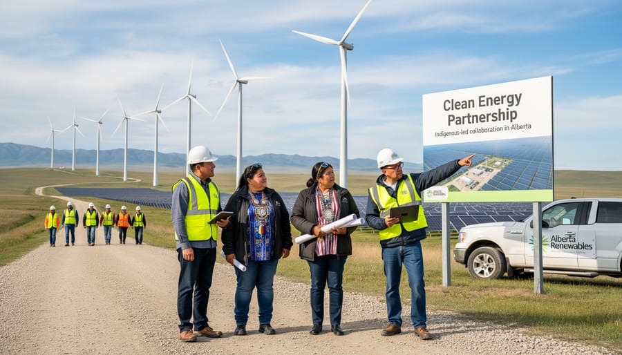 Indigenous community members speaking outdoors with wind turbines in the distant background