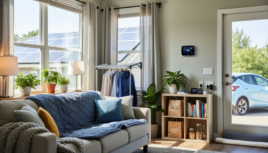 Person opening a window in a bright living room with visible energy-efficiency features