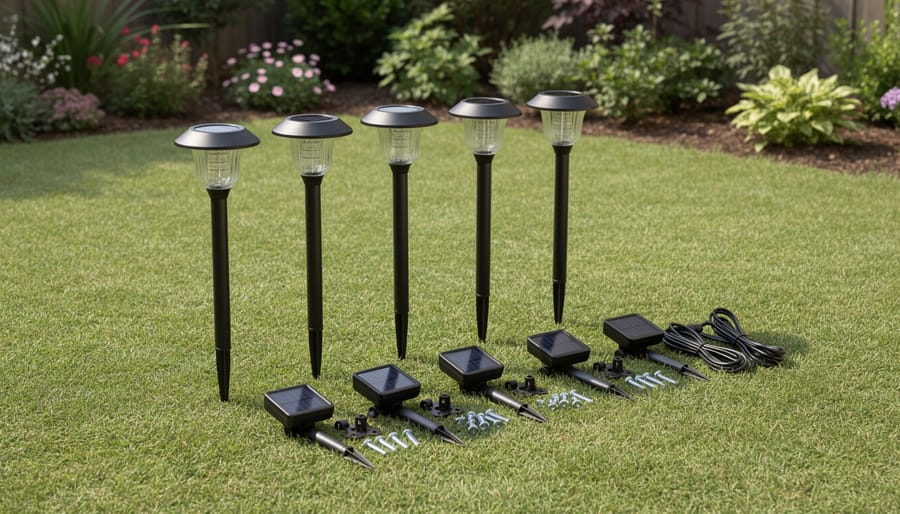 Solar firefly light stakes laid out showing the solar panel and glowing LED lens components