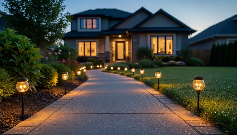 Solar firefly stake lights glowing along a Canadian home walkway at dusk, with a hand adjusting one stake