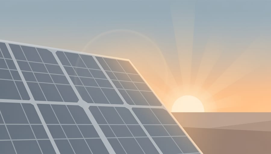 Sunrise lighting reflecting off a solar panel surface with green leaves in soft focus