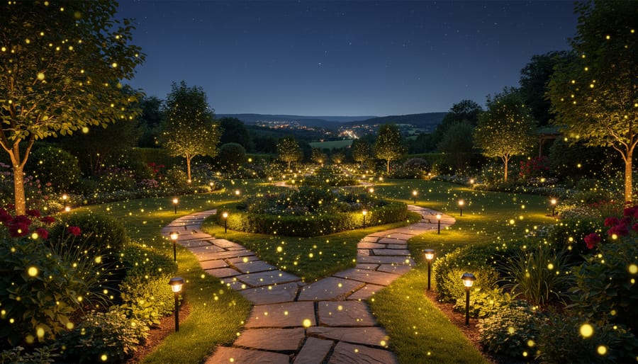 Warm solar firefly lights glowing throughout a garden bed at night