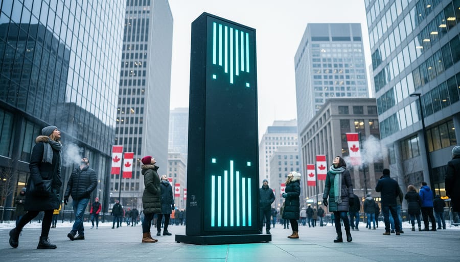 A glowing public climate countdown installation in a Canadian city plaza with pedestrians in coats under a bright overcast sky.