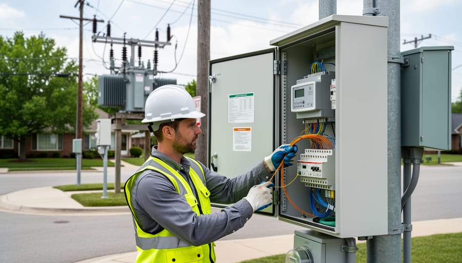 A utility technician kneeling beside an outdoor electrical control cabinet with a tablet, illustrating smart grid deployment in Canada.