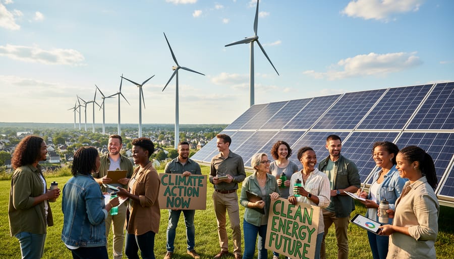 Volunteers holding blank climate action signs near wind turbines in the background