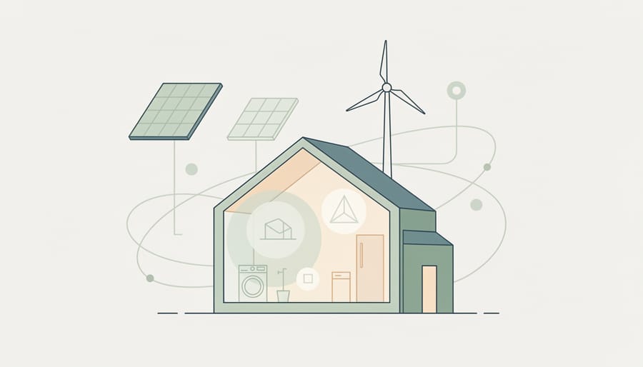 Homeowner by a bright window with blurred solar panels and a distant wind turbine outside, symbolizing clean energy integration.