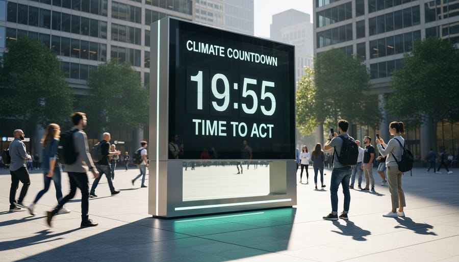 Outdoor public clock-like climate installation in a city plaza with people walking nearby