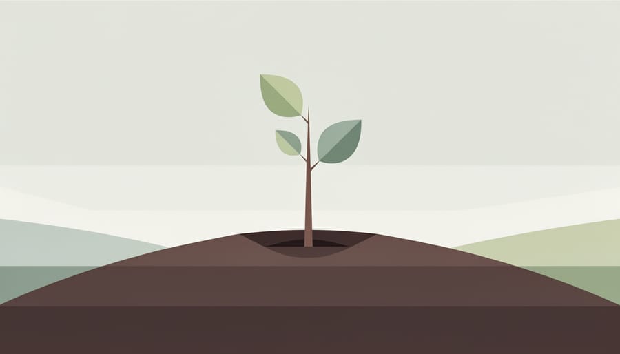 A small sapling being planted in dark soil with a misty natural landscape in the background