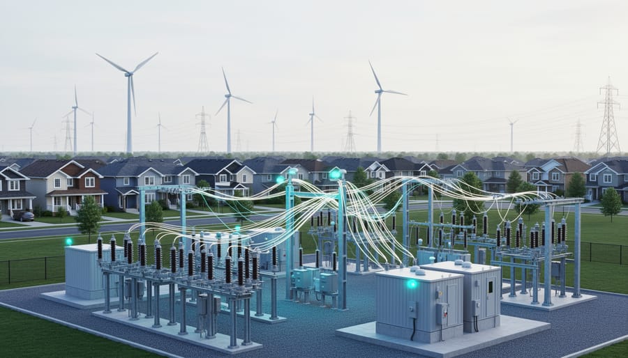 A modern electricity substation with glowing sensor-like indicators connects to rooftops and renewable energy turbines in the background under a cloudy sky.