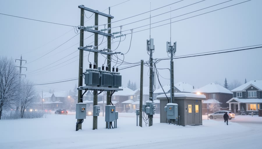 Snowy Canadian street scene showing illuminated electrical infrastructure and nearby utility equipment supporting grid reliability.