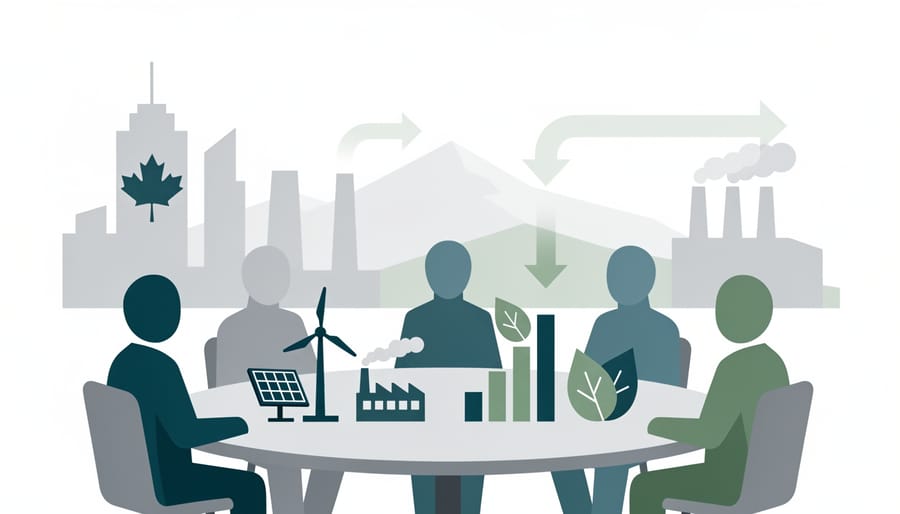 People in a meeting room discussing sustainability planning with a tablet showing non-text icons.