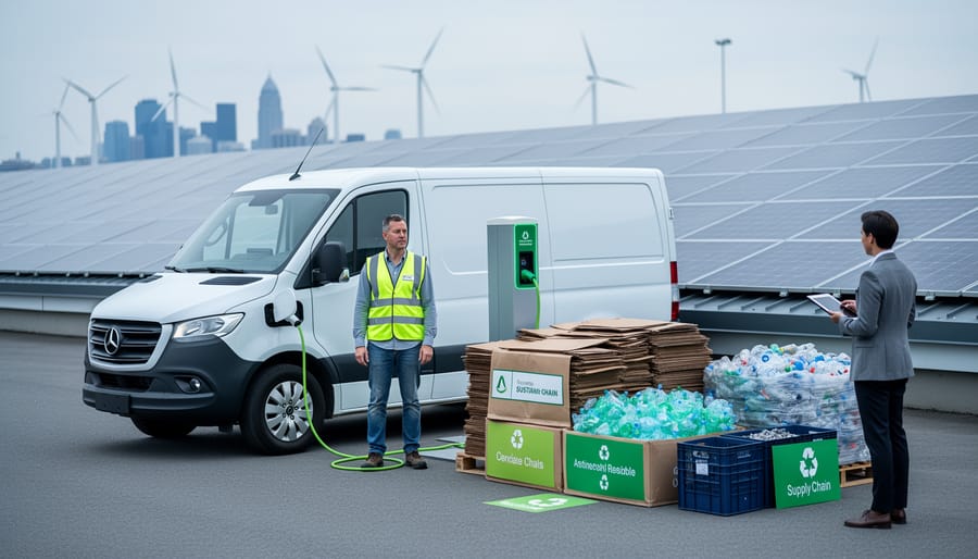 Worker in a Canadian industrial area beside an electric delivery van charging near rooftop solar panels, with sustainable materials arranged in the foreground and wind turbines in the blurred background.