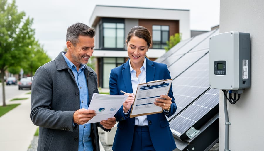 Two people reviewing clean energy application paperwork beside rooftop solar panels on a Canadian building.