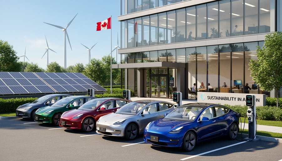 Modern office building in Canada with rooftop solar panels and an EV charging station in front.