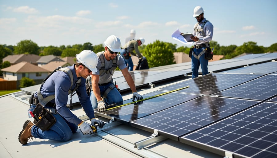 Technician and homeowner installing rooftop solar panels on a Canadian home