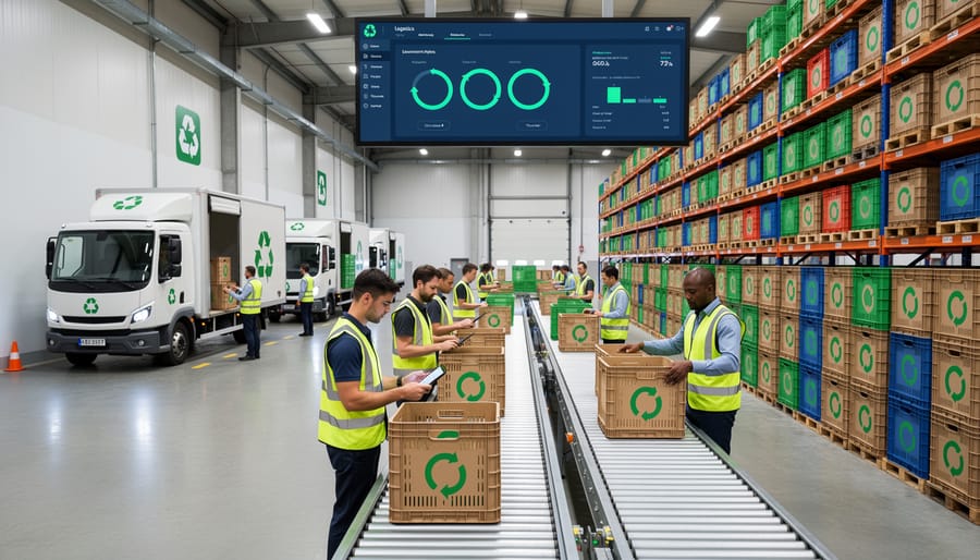 Warehouse workers handling reusable shipping bins in an organized logistics space