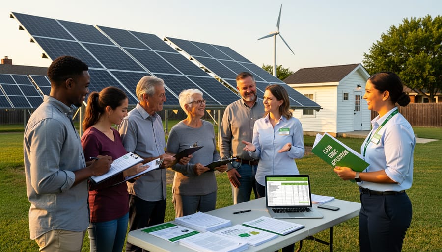 People standing near a community solar installation with wind turbines in the background at golden hour