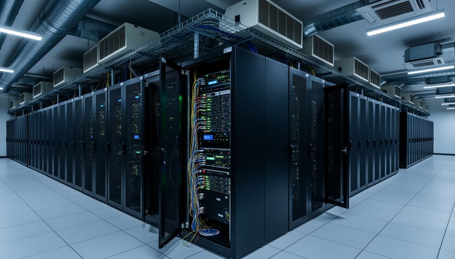 Wide view of server racks inside a data center with cool blue indicator lights