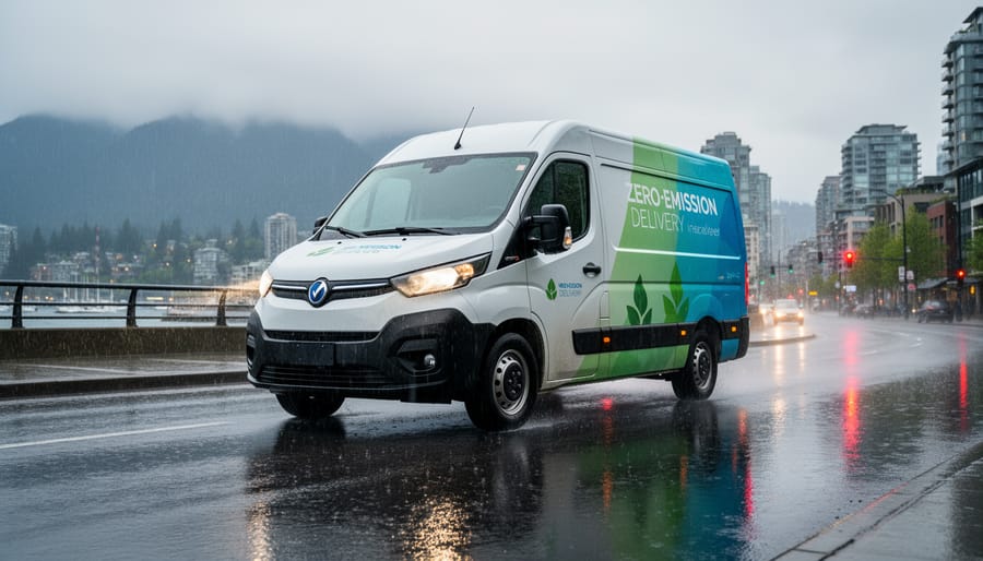 Electric delivery van parked on a wet Vancouver street with reflections