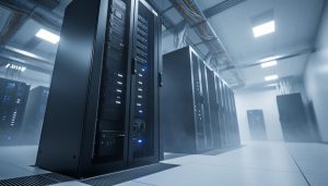 “Wide view of server racks in a data center with cool blue indicator lights and cooling equipment in the background.”